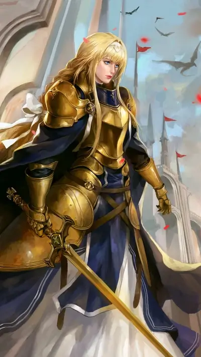 A blonde female knight in golden armor holds a sword