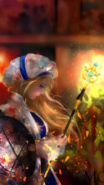 A blonde girl holds a glowing staff