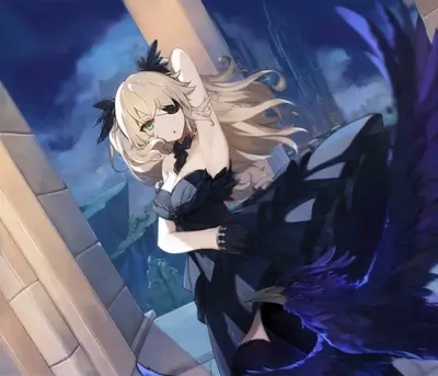 A blonde girl in a black dress with a raven