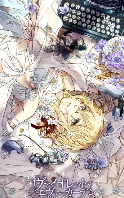 A blonde girl lies amidst flowers and a typewriter