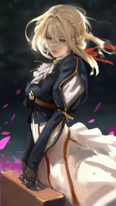 A blonde girl with a suitcase, surrounded by pink petals
