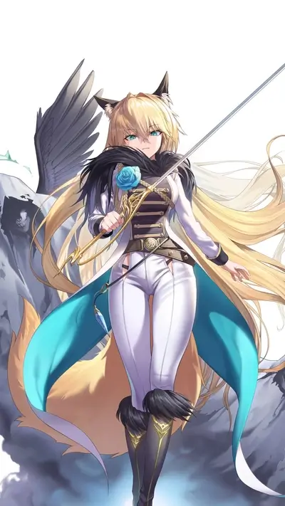 A blonde-haired fox girl with wings wields a sword