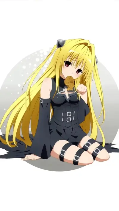 A blonde-haired girl in a black dress eating a snack