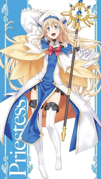A blonde-haired girl in a blue and white dress holding a staff