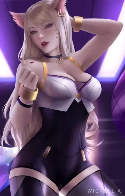 A blonde-haired girl in a dark purple bodysuit, cat ears