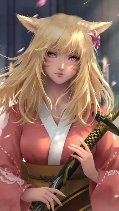 A blonde-haired girl in a kimono holds a katana
