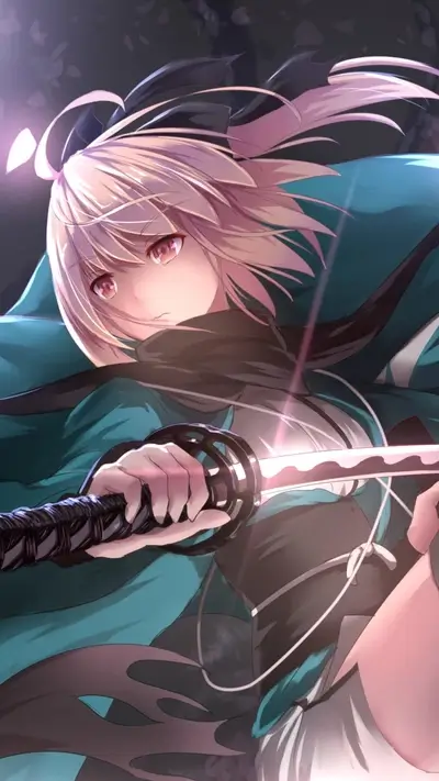 A blonde-haired girl in a teal kimono holds a katana