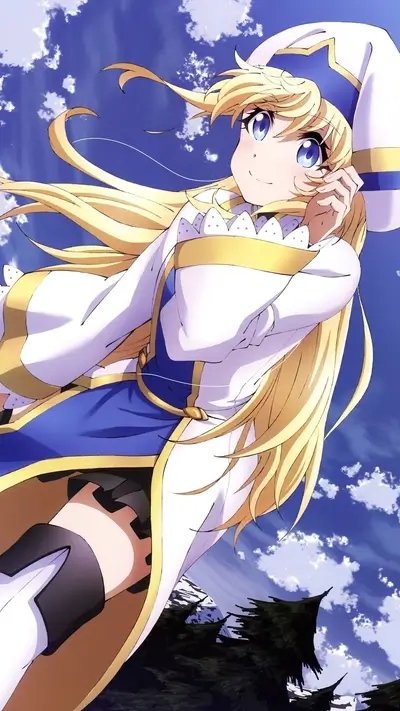 A blonde-haired girl in a white and blue dress