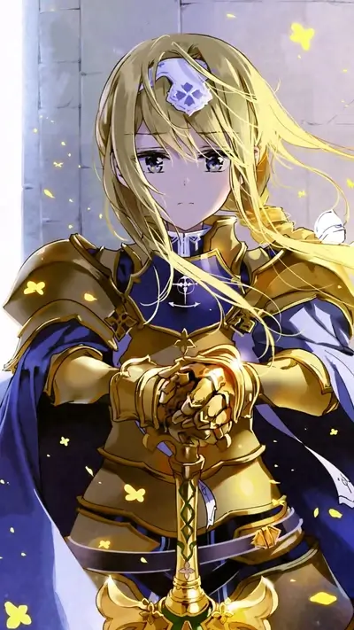 A blonde haired girl in golden armor holding a sword