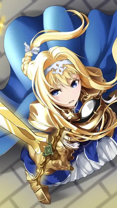 A blonde-haired girl in golden armor holds a sword