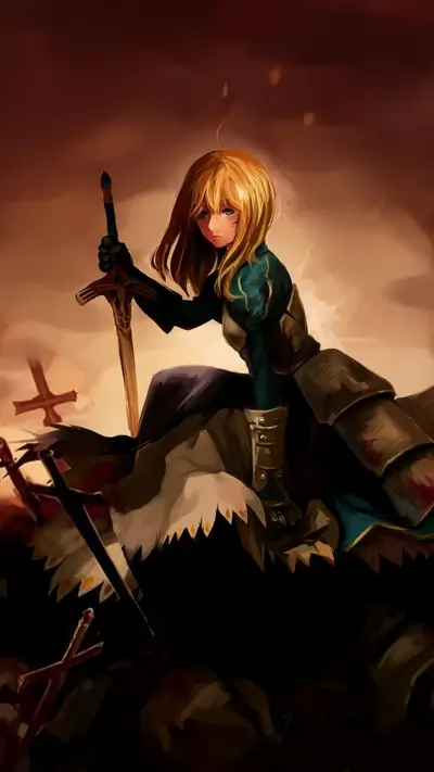 A blonde-haired girl sits amidst a battlefield, holding a sword
