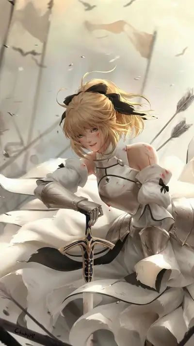 A blonde-haired woman in white armor, wounded, holding a sword