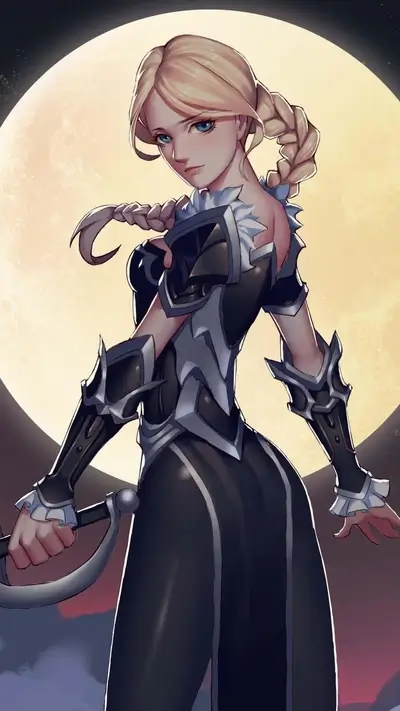 A blonde woman in dark armor stands before a full moon