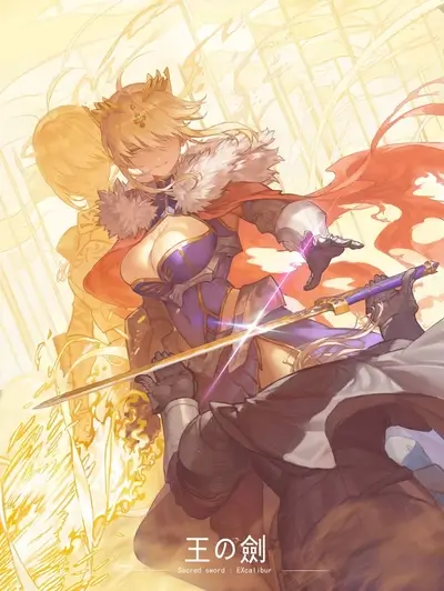 A blonde woman wields a sword, another figure lies below
