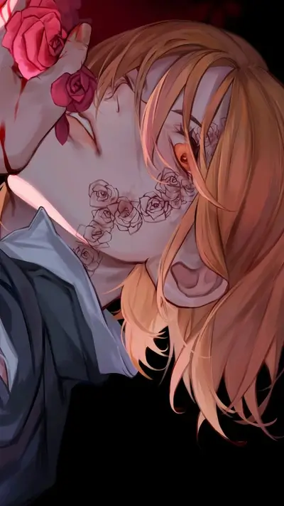 A bloody-faced person with rose tattoos