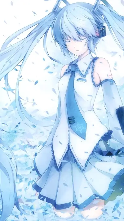 A blue-haired girl in a white dress, surrounded by blue petals