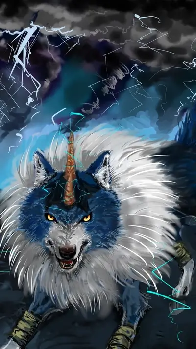 A blue wolf with a horn, surrounded by a stormy sky