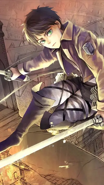 A boy in a brown jacket wielding a sword