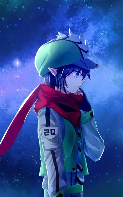 A boy in a green hat and red scarf gazes at the starry night