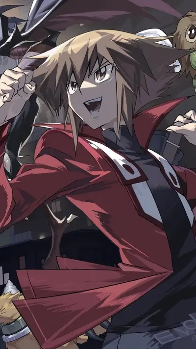 A boy in a red coat holds a dark object