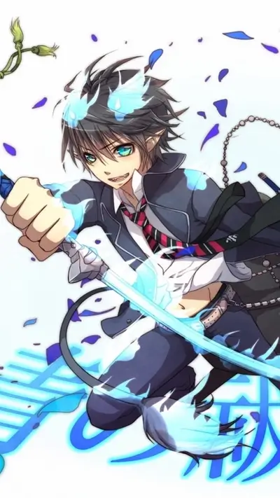 A boy with blue flames wields a sword