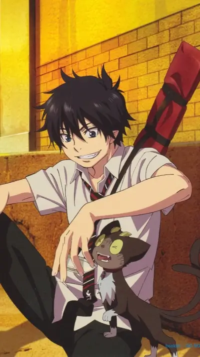 A boy with blue hair sits, holding a small cat