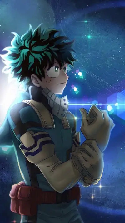 A boy with green hair stands in a cosmic setting