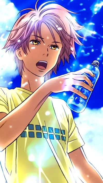 A boy with pink hair drinks water after exercising