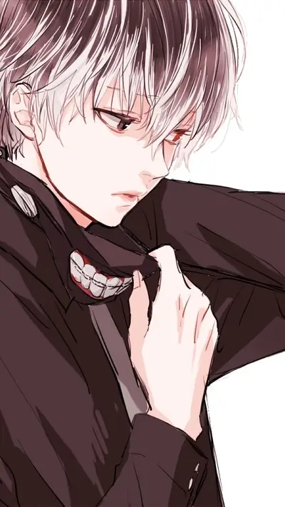 A boy with white and black hair adjusting his mask