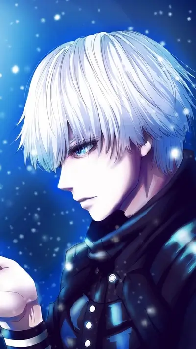 A boy with white hair in a dark jacket, snowy background