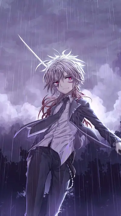 A boy with white hair stands in the rain holding a sword