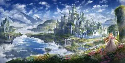 A bride stands before a floating castle