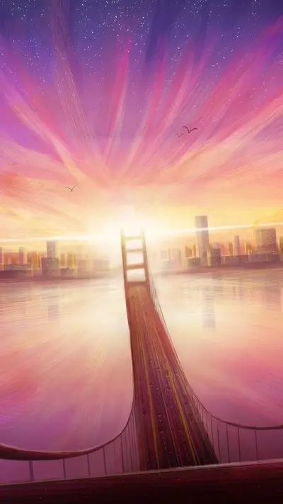 A bridge leading to a radiant city at sunset