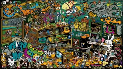 A chaotic collage of cartoon characters and pop culture references