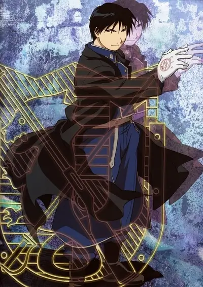 A character in a dark coat with glowing symbols