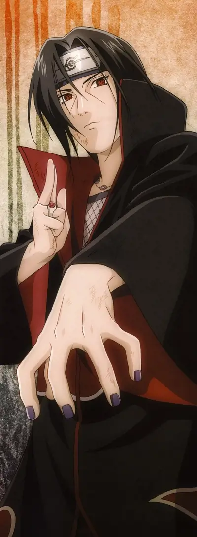 A character portrait with dark clothing and red accents