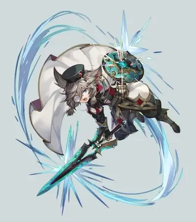 A character wielding a glowing sword and shield