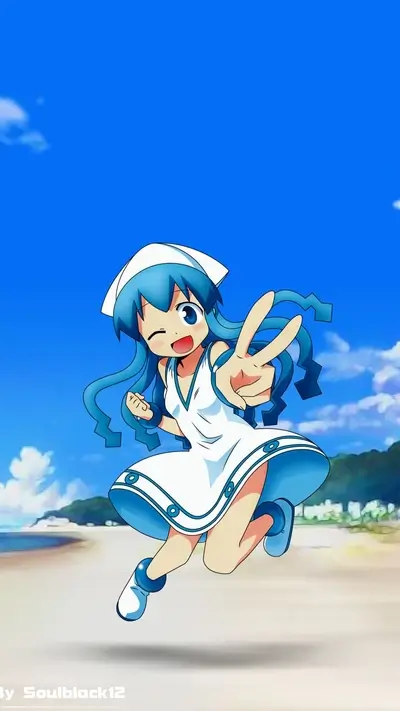 A cheerful girl in a white dress runs on the beach