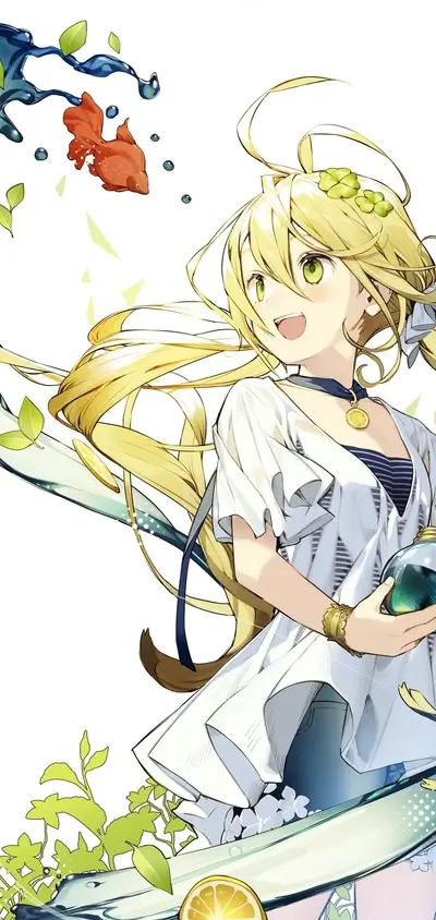 A cheerful girl with blond hair holds a potion, surrounded by aquatic and floral elements