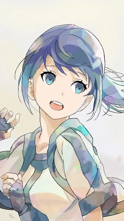 A cheerful girl with blue hair, wearing a light jacket