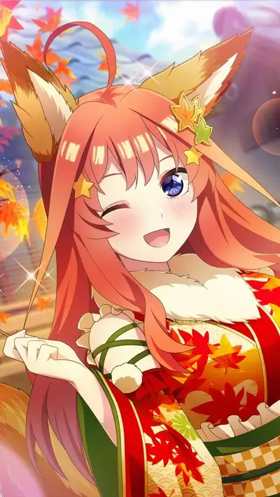 A cheerful girl with fox ears in autumn attire