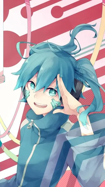 A cheerful girl with teal hair and a teal jacket