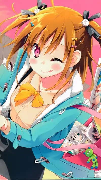 A cheerful girl with twintails, carrying bags of manga