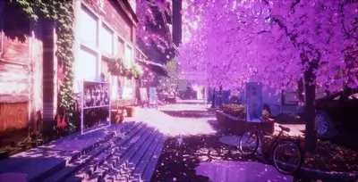 A city street with cherry blossoms