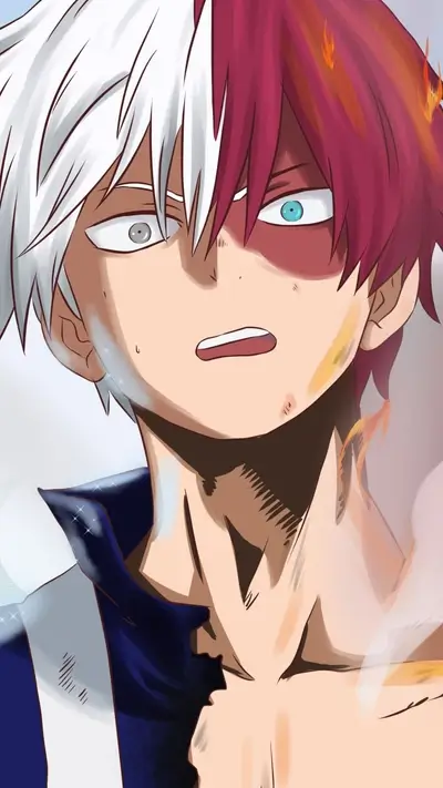 A close-up of a character with half white and half red hair