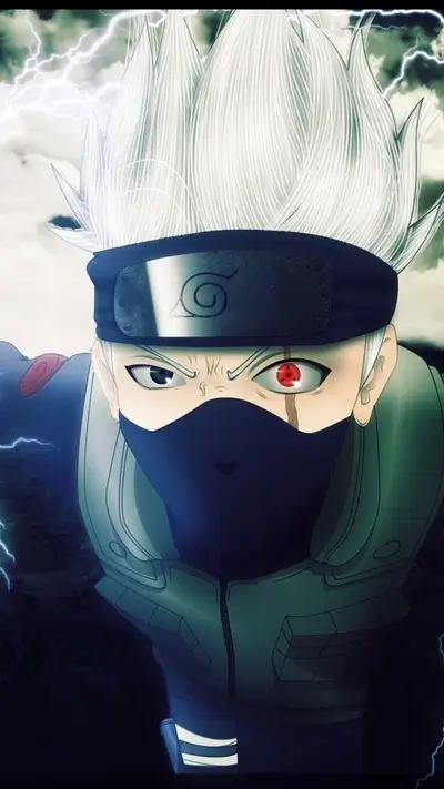 A close-up of a character with spiky white hair, a headband, and a mask
