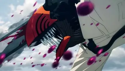 A close-up of a weapon, blood splatters, and purple particles