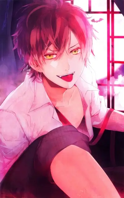 A crimson-haired boy with yellow eyes, playfully sticking out his tongue