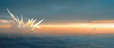 A crystalline structure emerging from clouds, a lone bird flies