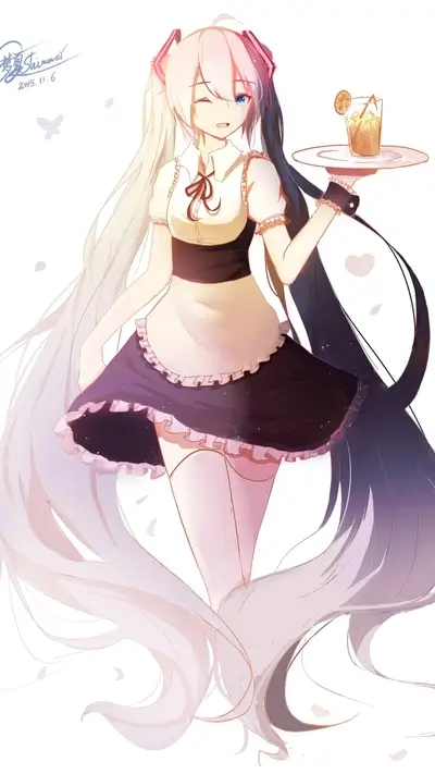 A cute anime girl waitress serving a drink